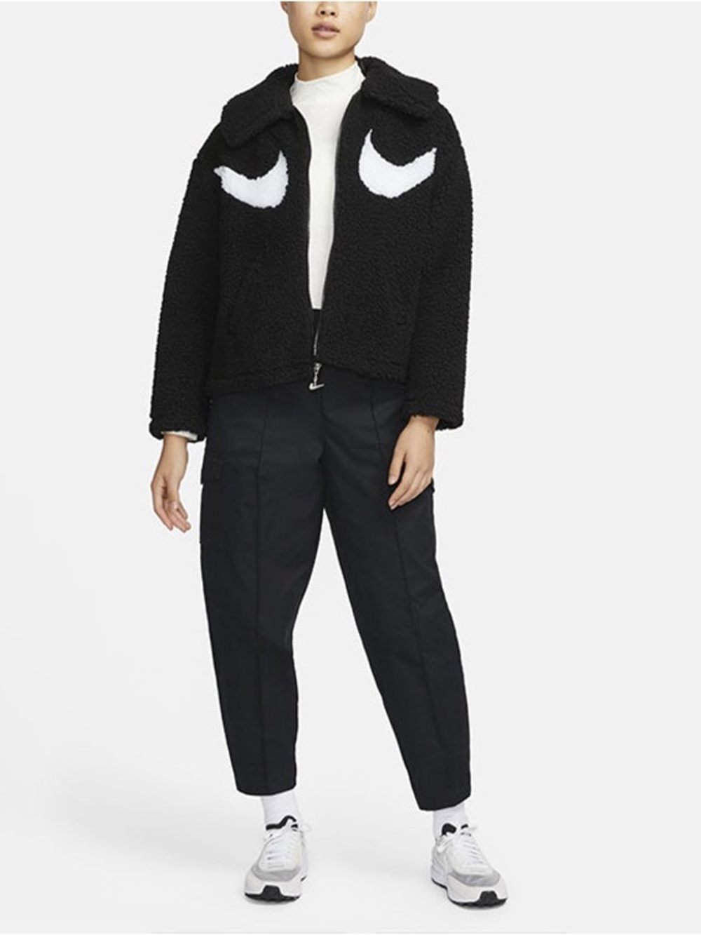 Nike Black Sherpa Puffer Jacket with White Swoosh Accents - Picture 2 of 4